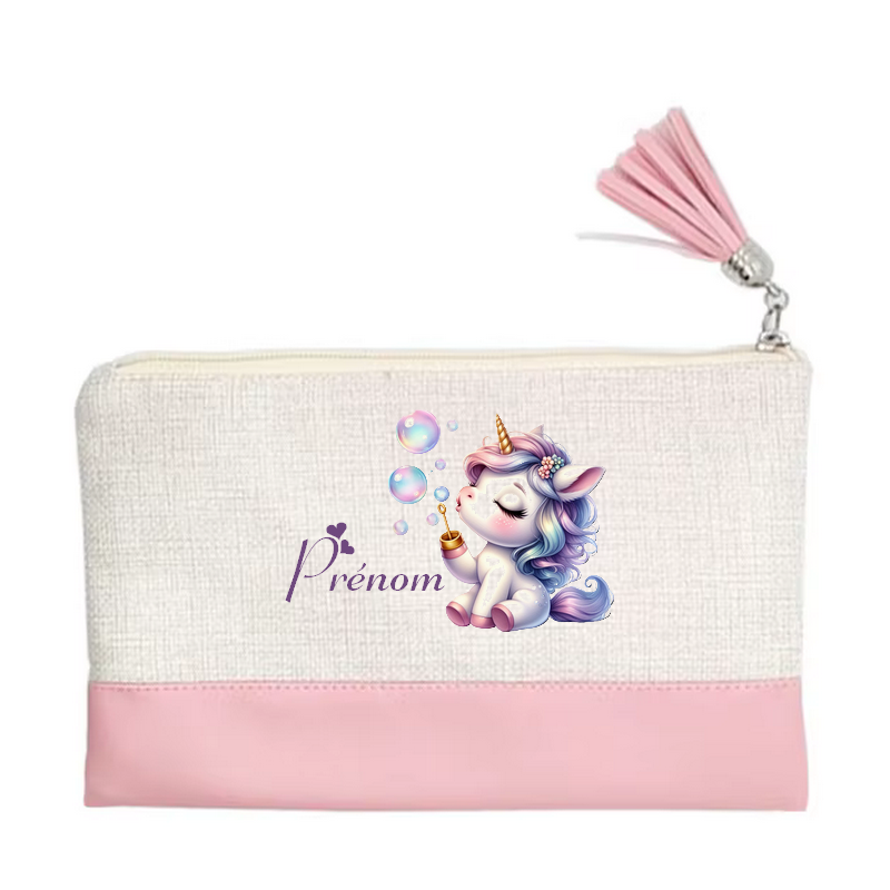 Pochette personnalisée motif licorne bubble en toile et simili cuir personnalisée