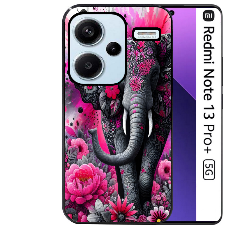 Coque noire taperso pour Redmi Note 13 PRO PLUS 5G avec motif elephant et fleurs protection antichoc personnalisée