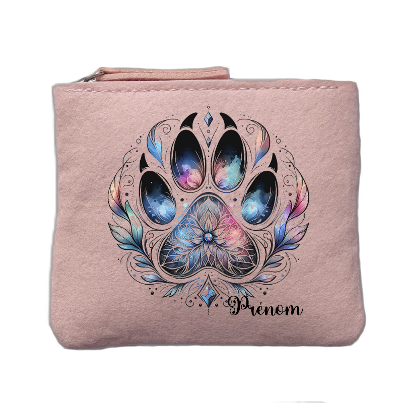 Porte monnaie personnalisé motif patte plumes rose clair en feutrine en feutrine
