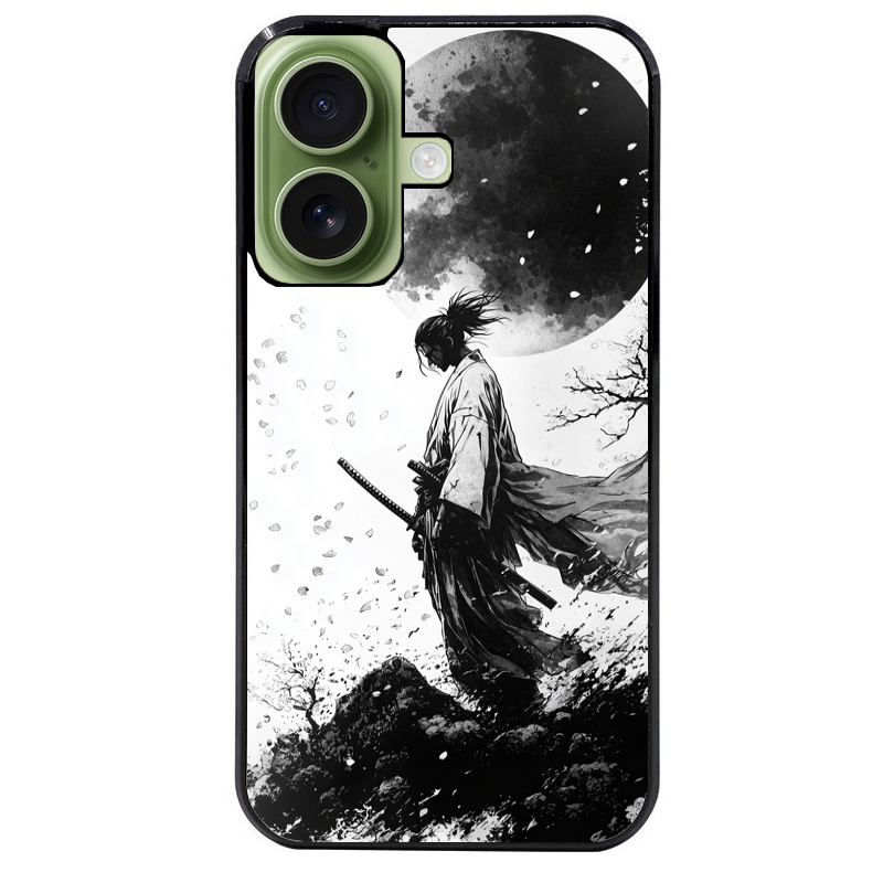 Coque noire taperso pour Iphone 16 16E PLUS MAX PRO avec motif samourai et lune protection antichoc personnalisée