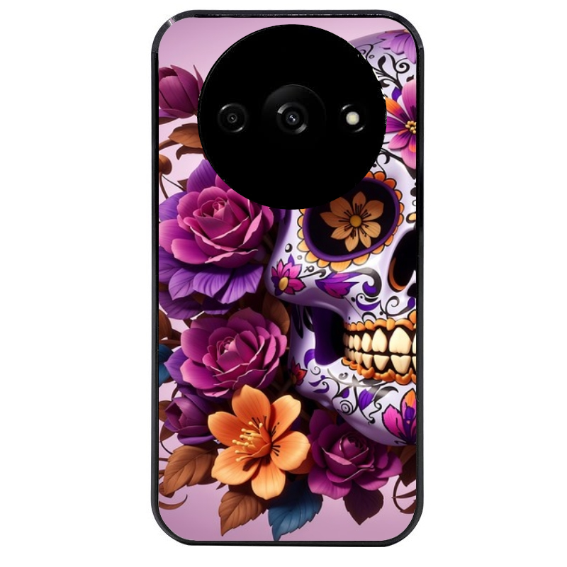 Coque noire taperso pour Redmi A3 avec motif tete de mort calavera violette protection antichoc personnalisée
