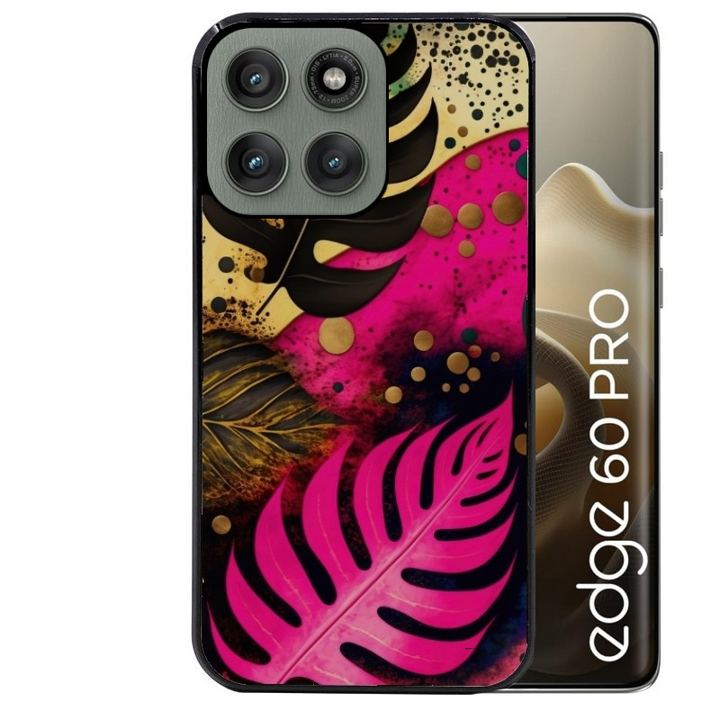 Coque noire taperso pour Moto Edge 60 et Neo Fusion Pro avec motif tropical rose et des fleurs protection antichoc personnalisée