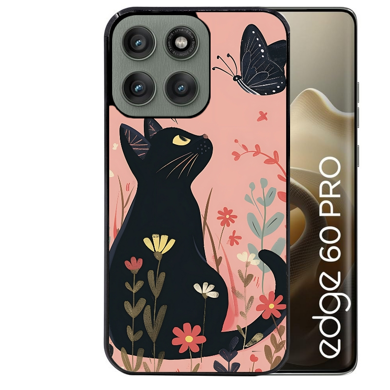 Coque noire taperso pour Moto Edge 60 et Neo Fusion Pro avec motif chat papillon 2 protection antichoc personnalisée