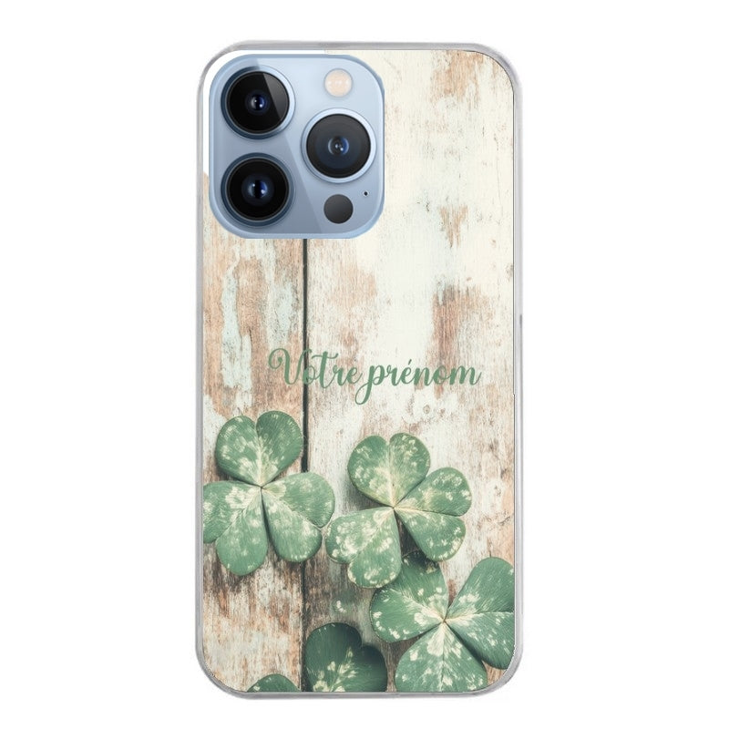 Coque taperso pour Iphone 13 et PRO MINI PRO MAX avec motif bois et trefle personnalisee protection antichoc personnalisée