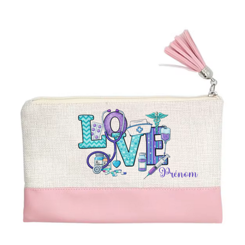 Pochette personnalisée motif love infirmiere en toile et simili cuir personnalisée