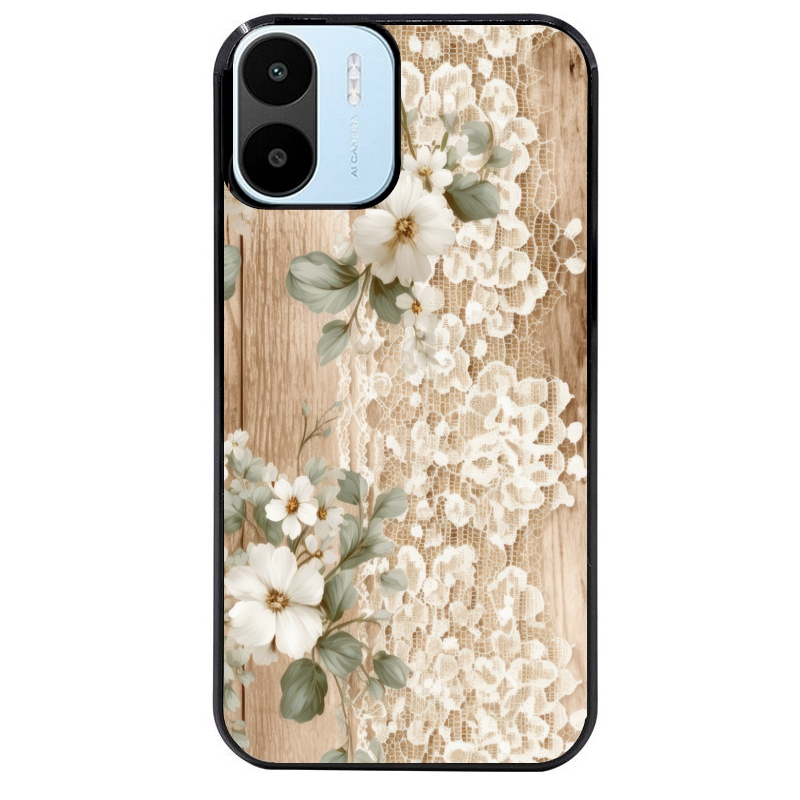 Coque noire taperso pour Redmi A1 et A2 avec motif bois et dentelle 1 protection antichoc personnalisée