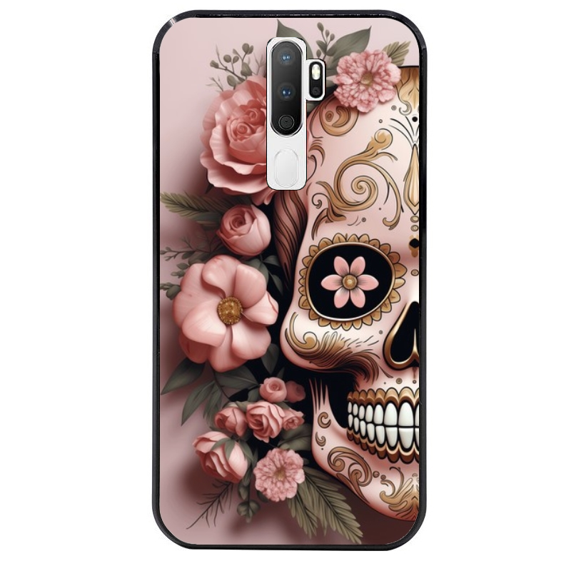 Coque noire taperso pour OPPO A5 A9 2020 avec motif tete de mort calavera rose protection antichoc personnalisée