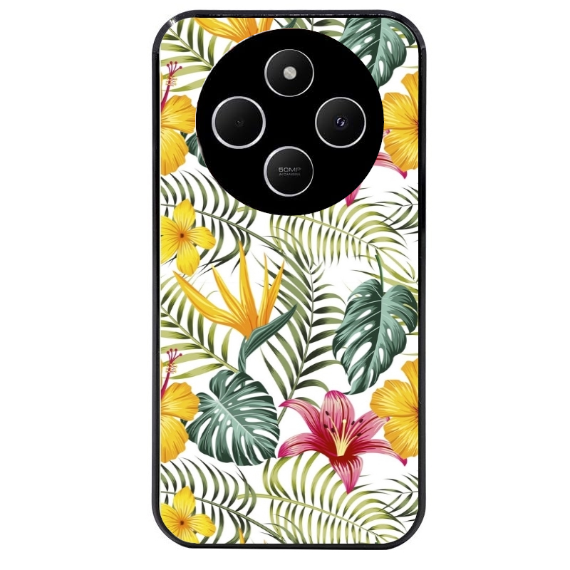 Coque noire taperso pour POCO C75 avec motif jungle et fleur hibiscus protection antichoc personnalisée