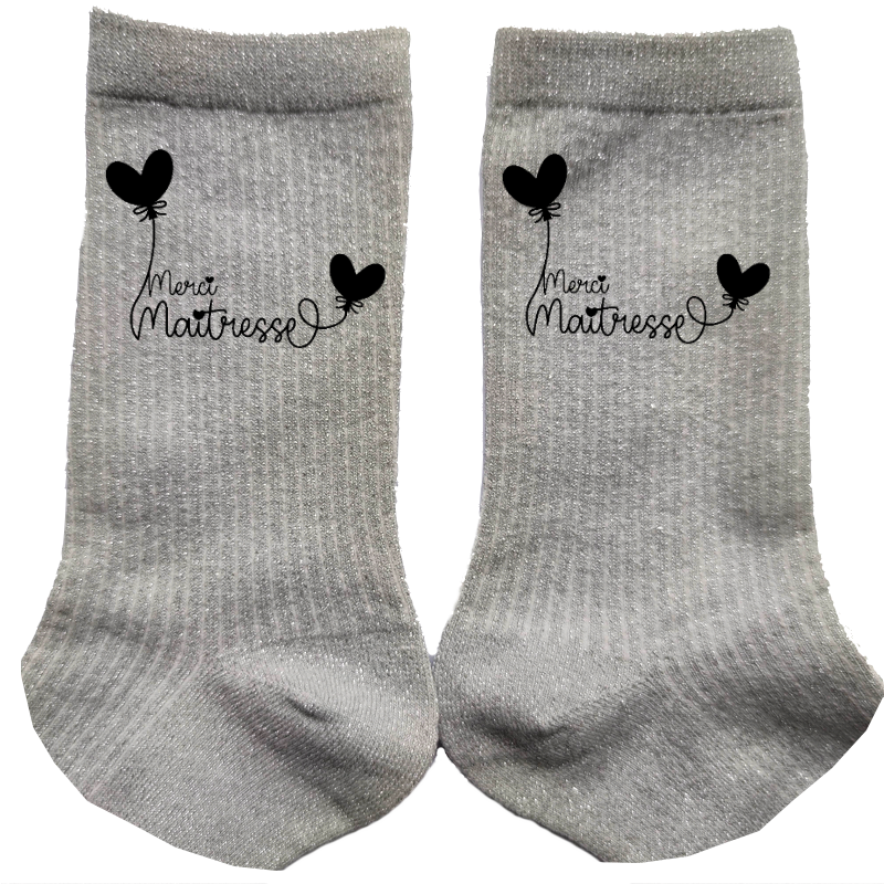 Chaussettes paillettes argent motif maitresse merci