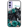 Coque noire taperso pour OnePlus 9 et 9 PRO avec motif cheval et fleurs personnalisee protection antichoc personnalisée