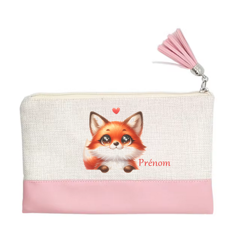Pochette personnalisée motif fox renard cœur en toile et simili cuir personnalisée