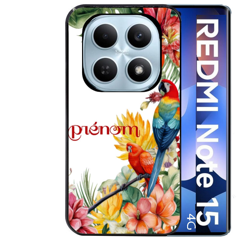 Coque noire taperso pour Redmi Note 15 et PRO PLUS 4G 5G avec motif perroquet personnalisee protection antichoc personnalisée