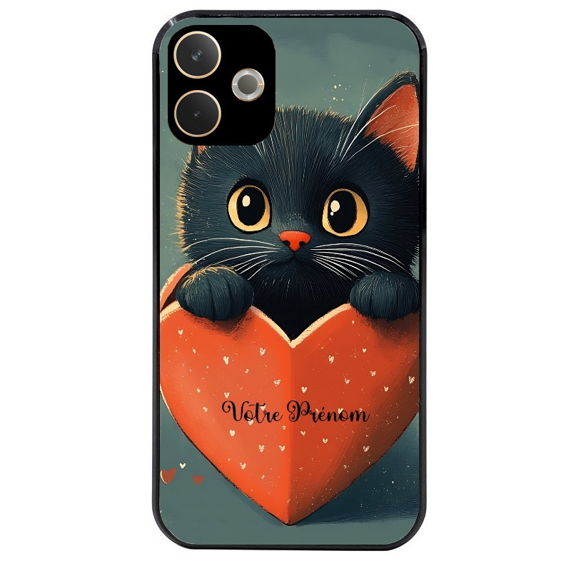 Coque noire taperso pour OPPO A5 PRO 4G et 5G avec motif chat et coeur avec prenom protection antichoc personnalisée