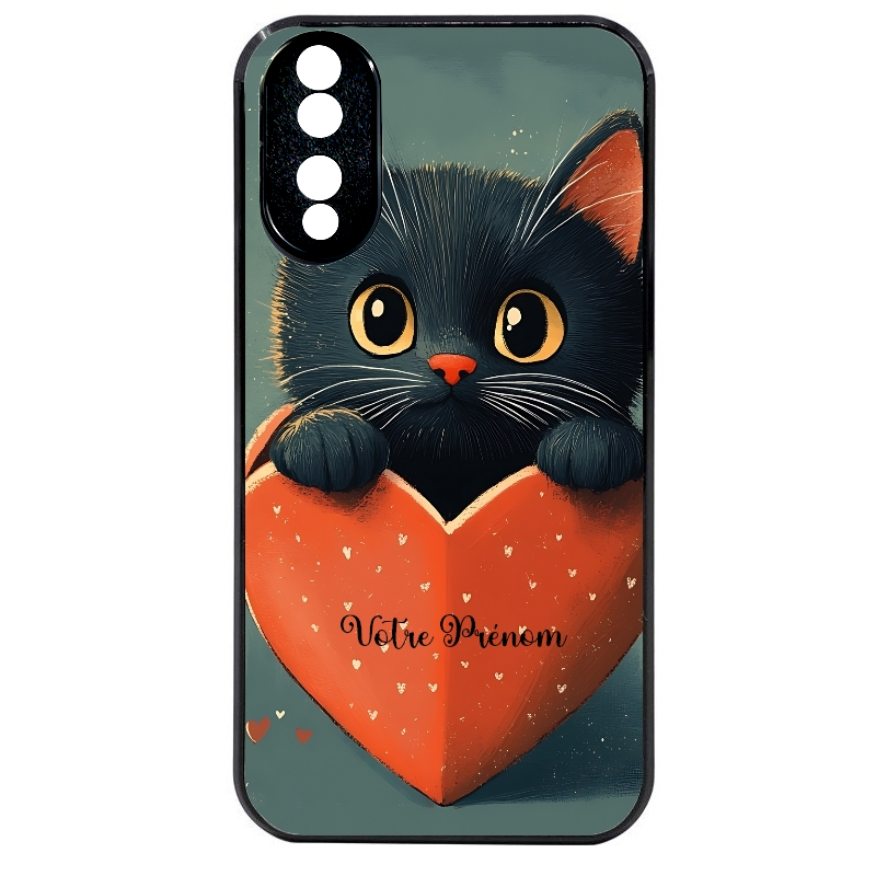 Coque noire taperso pour Honor 70 LITE 90 et LITE avec motif chat et coeur avec prenom protection antichoc personnalisée