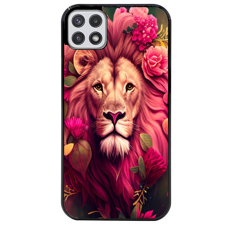 Coque noire taperso pour galaxy A22 A32 A52 A52S 4G 5G  avec motif lion et fleurs rose protection antichoc personnalisée