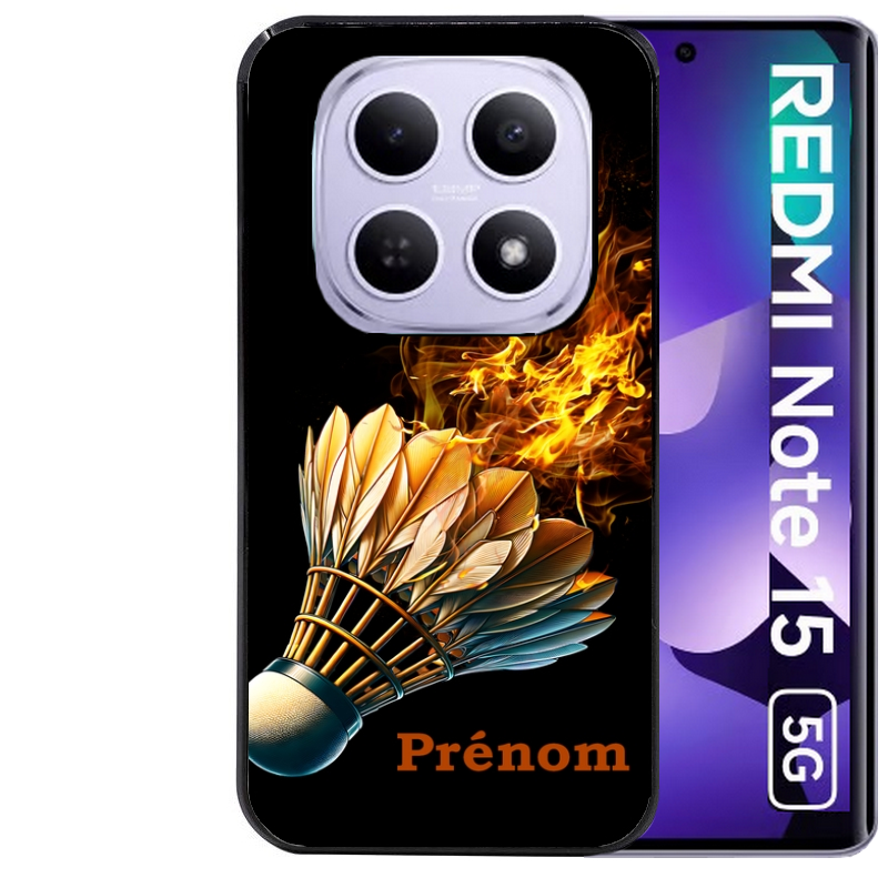Coque noire taperso pour Redmi Note 15 et PRO PLUS 4G 5G avec motif badminton flamme personnalise protection antichoc personnalisée