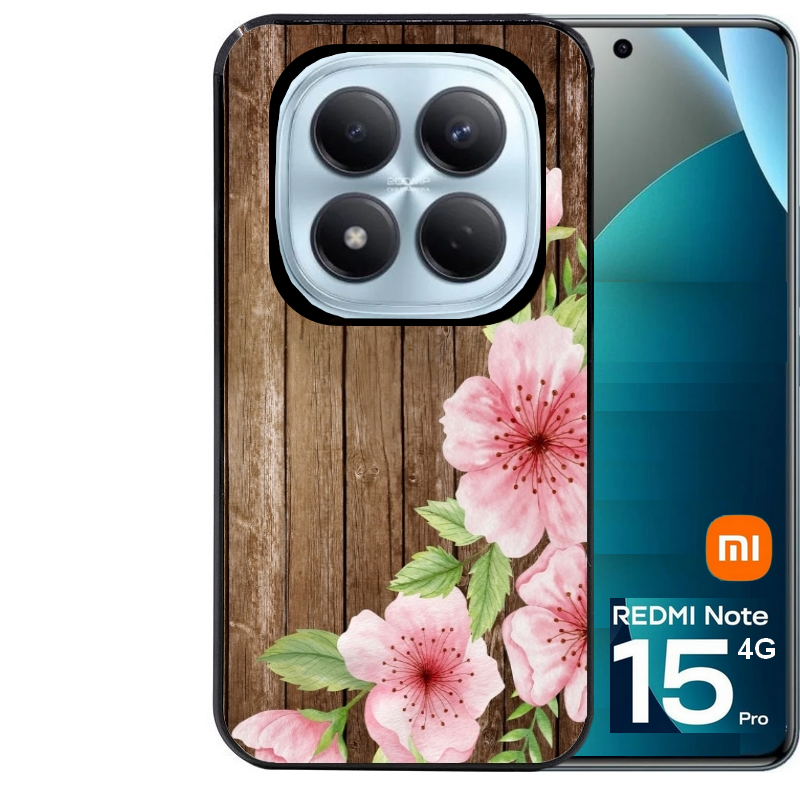 Coque noire taperso pour Redmi Note 15 et PRO PLUS 4G 5G avec motif bois avec fleur rose protection antichoc personnalisée