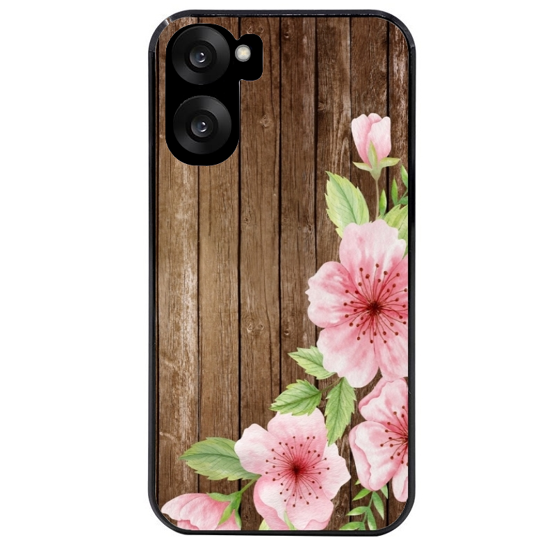 Coque noire taperso pour OnePlus Nord CE5 avec motif bois avec fleur rose protection antichoc personnalisée