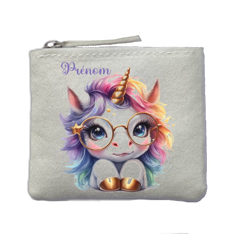 Porte monnaie personnalisé licorne lunettes ivoire en feutrine en feutrine ivoire