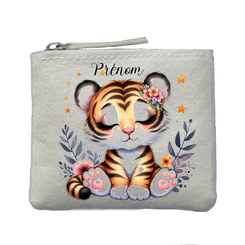 Porte monnaie personnalisé tigre fleur ivoire en feutrine en feutrine ivoire