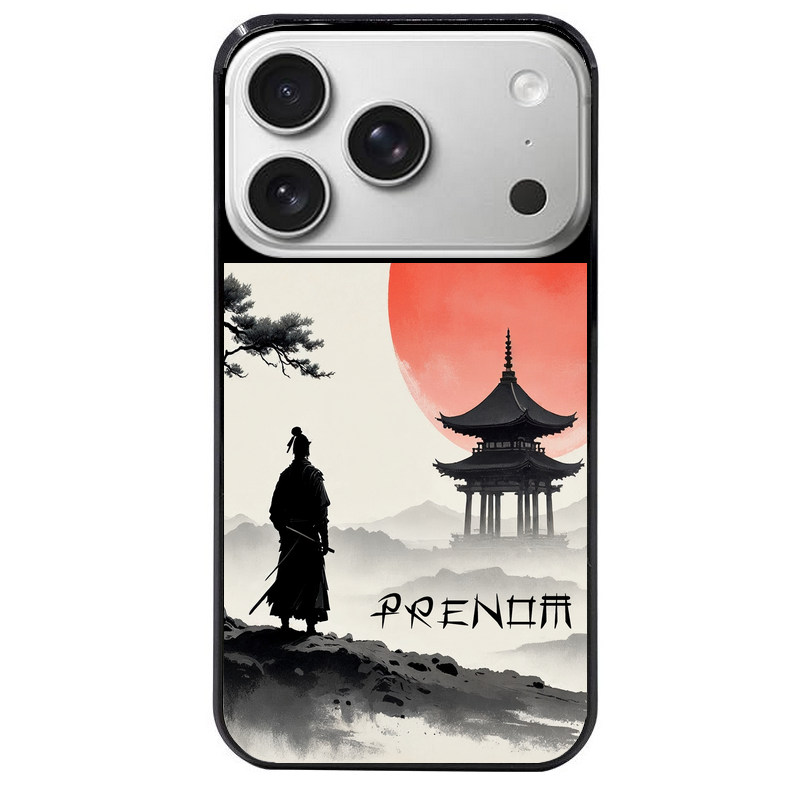 Coque noire taperso pour Iphone 17 17E AIR MAX PRO avec motif samourai et temple personnalisee protection antichoc personnalisée
