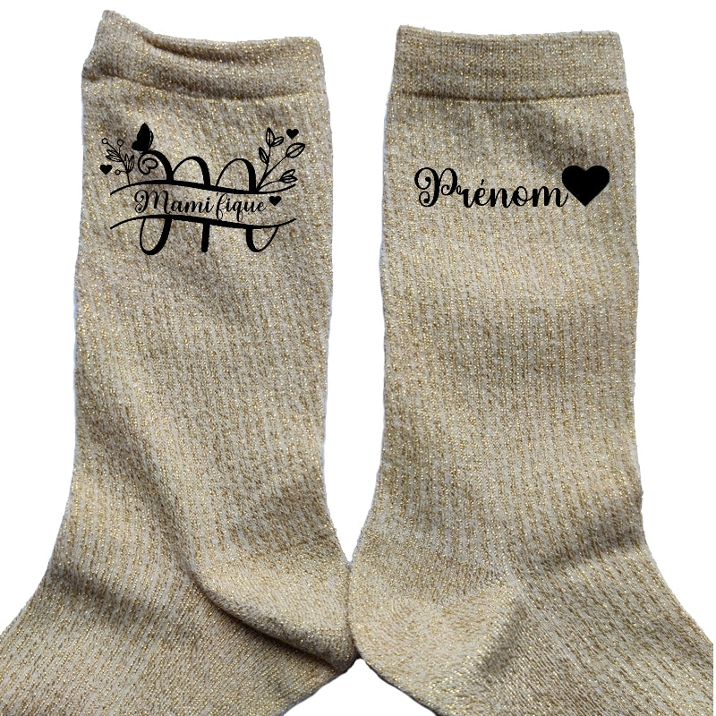 Chaussettes personnalisée paillettes doré motif mamie magnifique