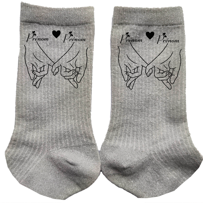 Chaussettes personnalisée paillettes argent motif couple amour