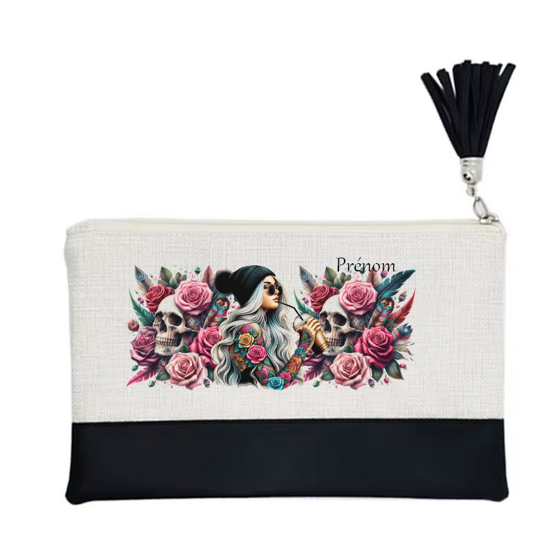 Pochette personnalisée motif tete de mort plume en toile et simili cuir personnalisée