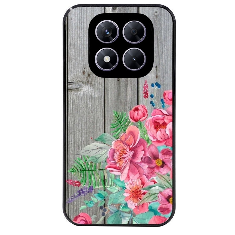 Coque noire taperso pour Redmi Note 14 et PRO PLUS 4G 5G avec motif bois gris et fleur rose protection antichoc personnalisée