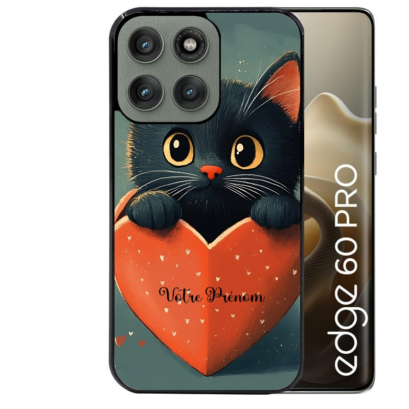 Coque noire taperso pour Moto Edge 60 et Neo Fusion Pro avec motif chat et coeur avec prenom protection antichoc personnalisée
