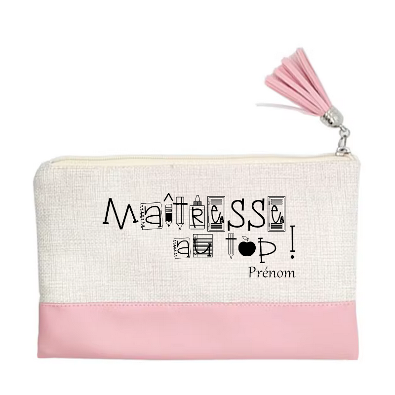 Pochette personnalisée motif maitresse au top en toile et simili cuir personnalisée