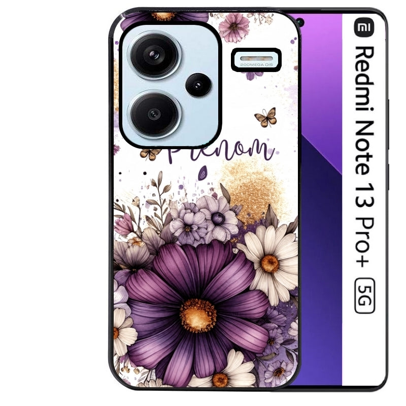 Coque noire taperso pour Redmi Note 13 PRO PLUS 5G avec motif fleur violette personnalisee protection antichoc personnalisée