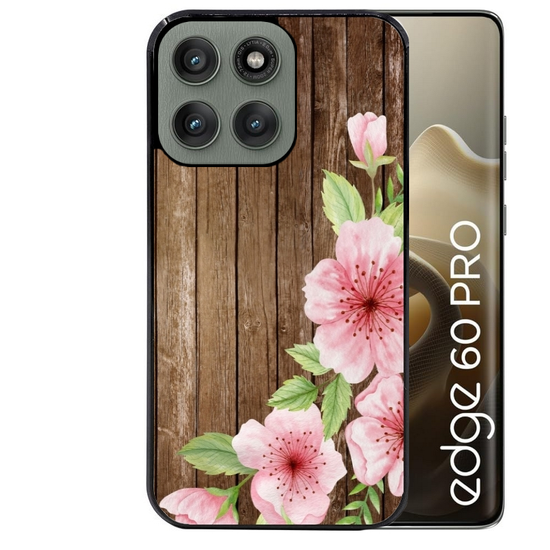 Coque noire taperso pour Moto Edge 60 et Neo Fusion Pro avec motif bois avec fleur rose protection antichoc personnalisée