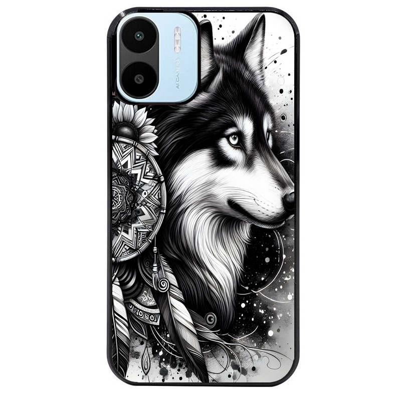 Coque noire taperso pour Redmi A1 et A2 avec motif loup dreamcatcher protection antichoc personnalisée