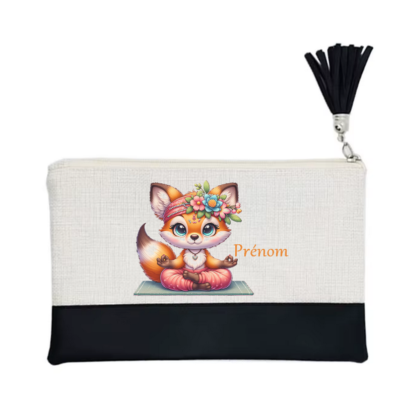 Pochette personnalisée motif fox renard yoga en toile et simili cuir personnalisée