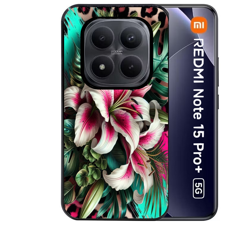 Coque noire taperso pour Redmi Note 15 et PRO PLUS 4G 5G avec motif leopard hibiscus protection antichoc personnalisée