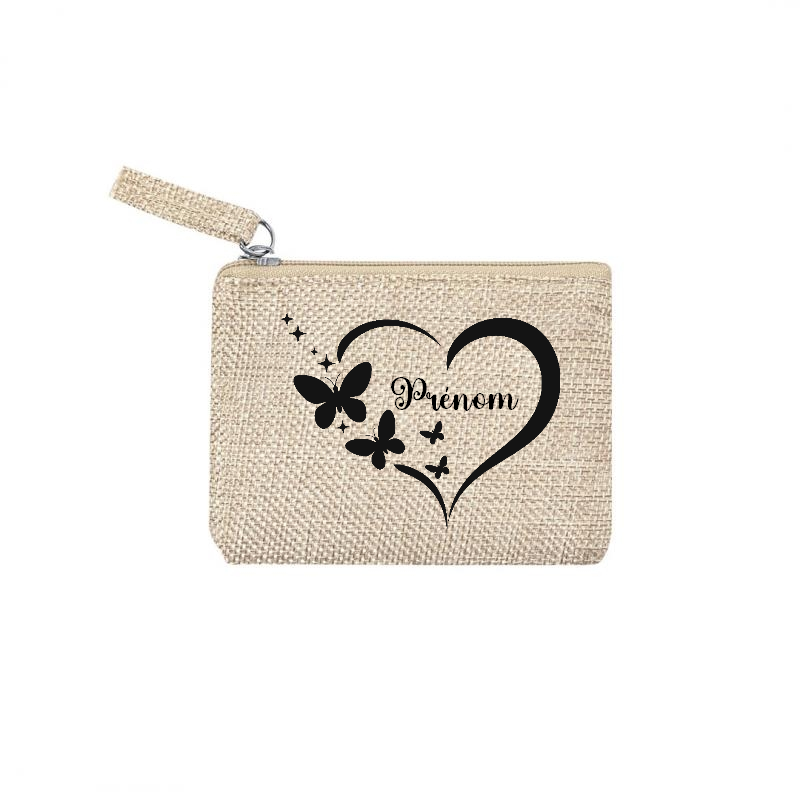Pochette coeur et papillon personnalisée en jute et doré en jute et doré