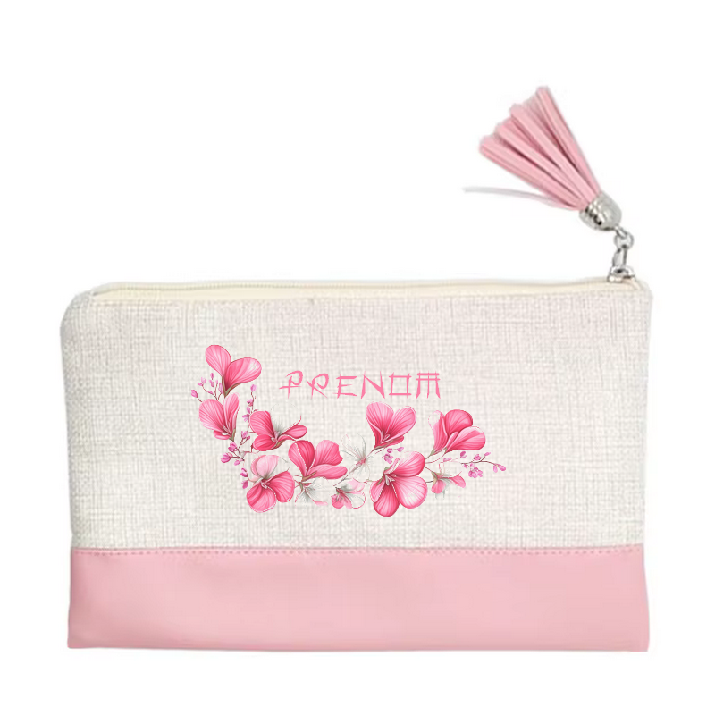 Pochette personnalisée motif fleur cerisier en toile et simili cuir personnalisée