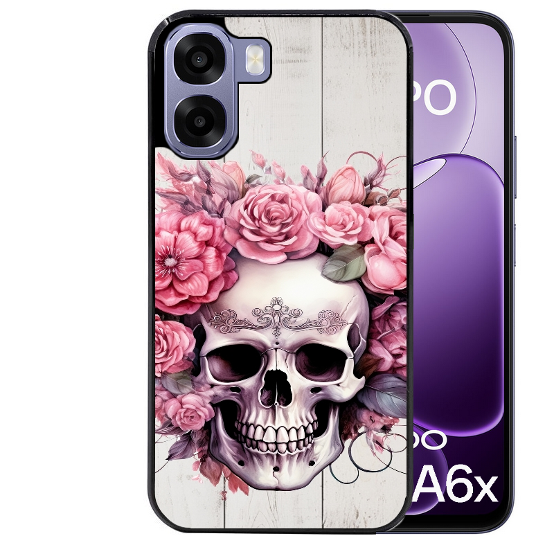 Coque noire taperso pour OPPO A6 A6X 4G et 5G avec motif tete de mort floral protection antichoc personnalisée