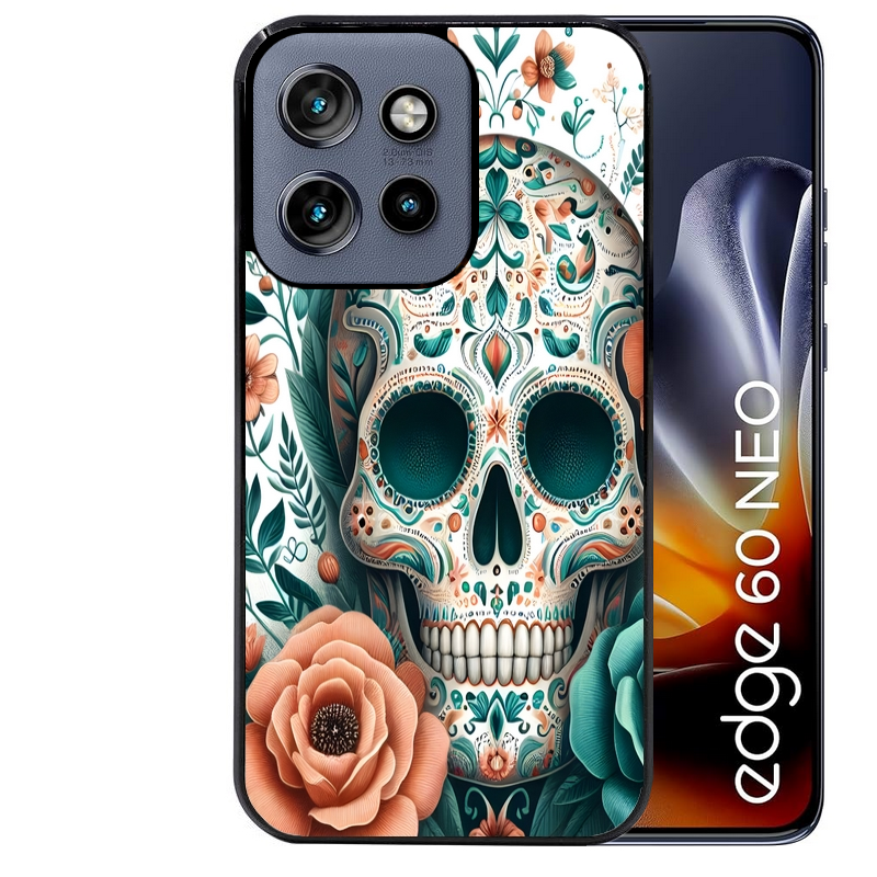 Coque noire taperso pour Moto Edge 60 et Neo Fusion Pro avec motif mort mexicaine turquoise protection antichoc personnalisée