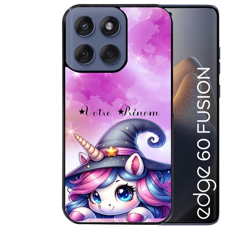 Coque noire taperso pour Moto Edge 60 et Neo Fusion Pro avec motif licorne magic avec prenom protection antichoc personnalisée