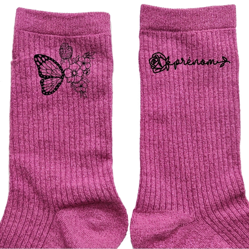 Chaussettes personnalisées paillettes rose motif femme papillon