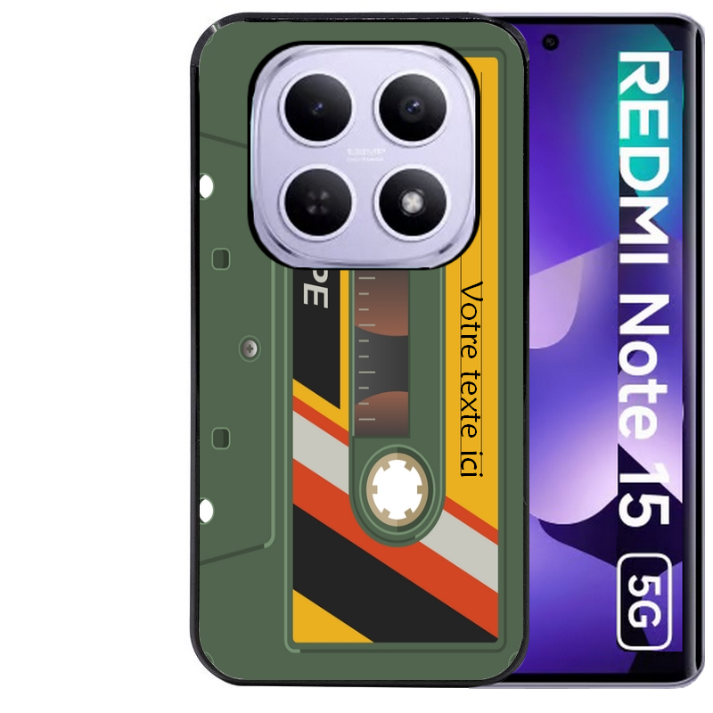 Coque noire taperso pour Redmi Note 15 et PRO PLUS 4G 5G personnalisable avec motif cassette kaki protection antichoc personnalisée
