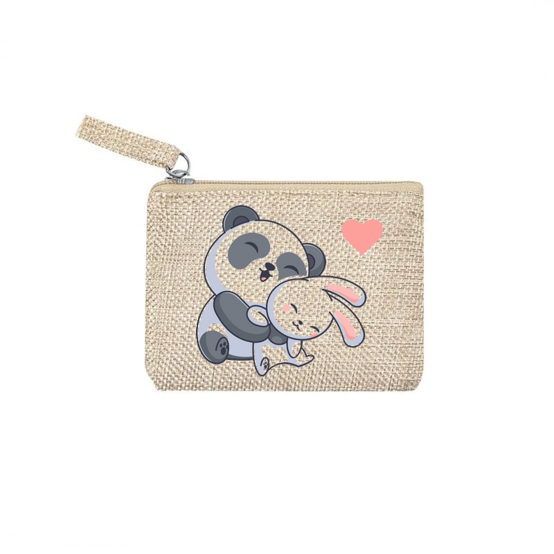 Pochette personnalisée motif panda et lapin en toile et simili cuir personnalisée