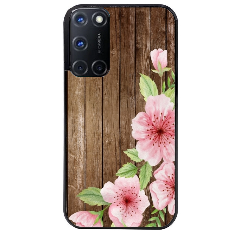 Coque noire taperso pour OPPO Reno 8 LITE avec motif bois avec fleur rose protection antichoc personnalisée