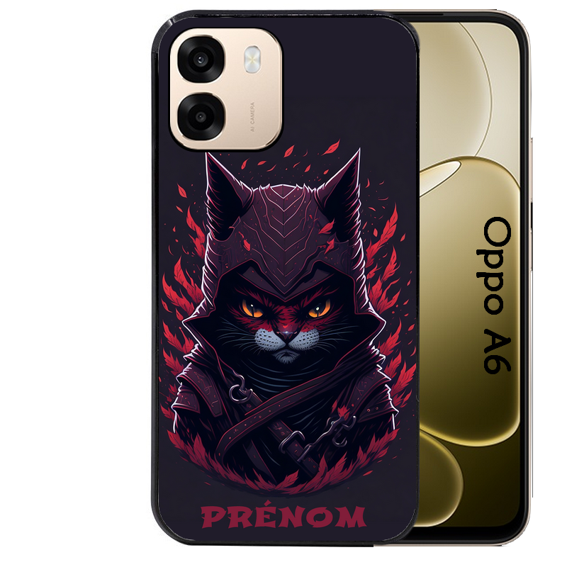 Coque noire taperso pour OPPO A6 A6X 4G et 5G avec motif chat samourai personnalise protection antichoc personnalisée