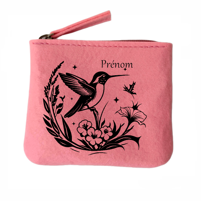 Porte monnaie personnalisé colibri fleur en feutrine en feutrine