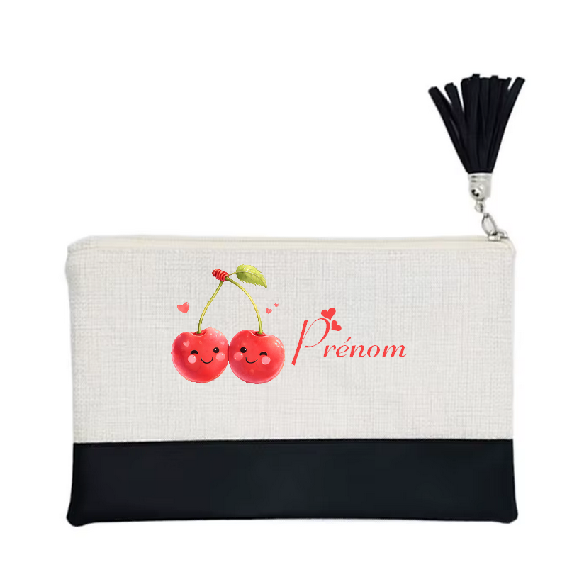 Pochette personnalisée motif cerise love en toile et simili cuir personnalisée