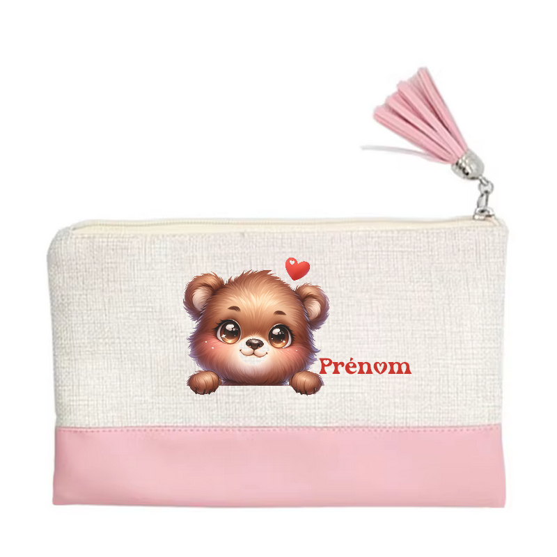 Pochette personnalisée motif ourson cœur en toile et simili cuir personnalisée