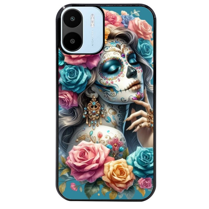 Coque noire taperso pour Redmi A1 et A2 avec motif tete de mort calavera bleu protection antichoc personnalisée
